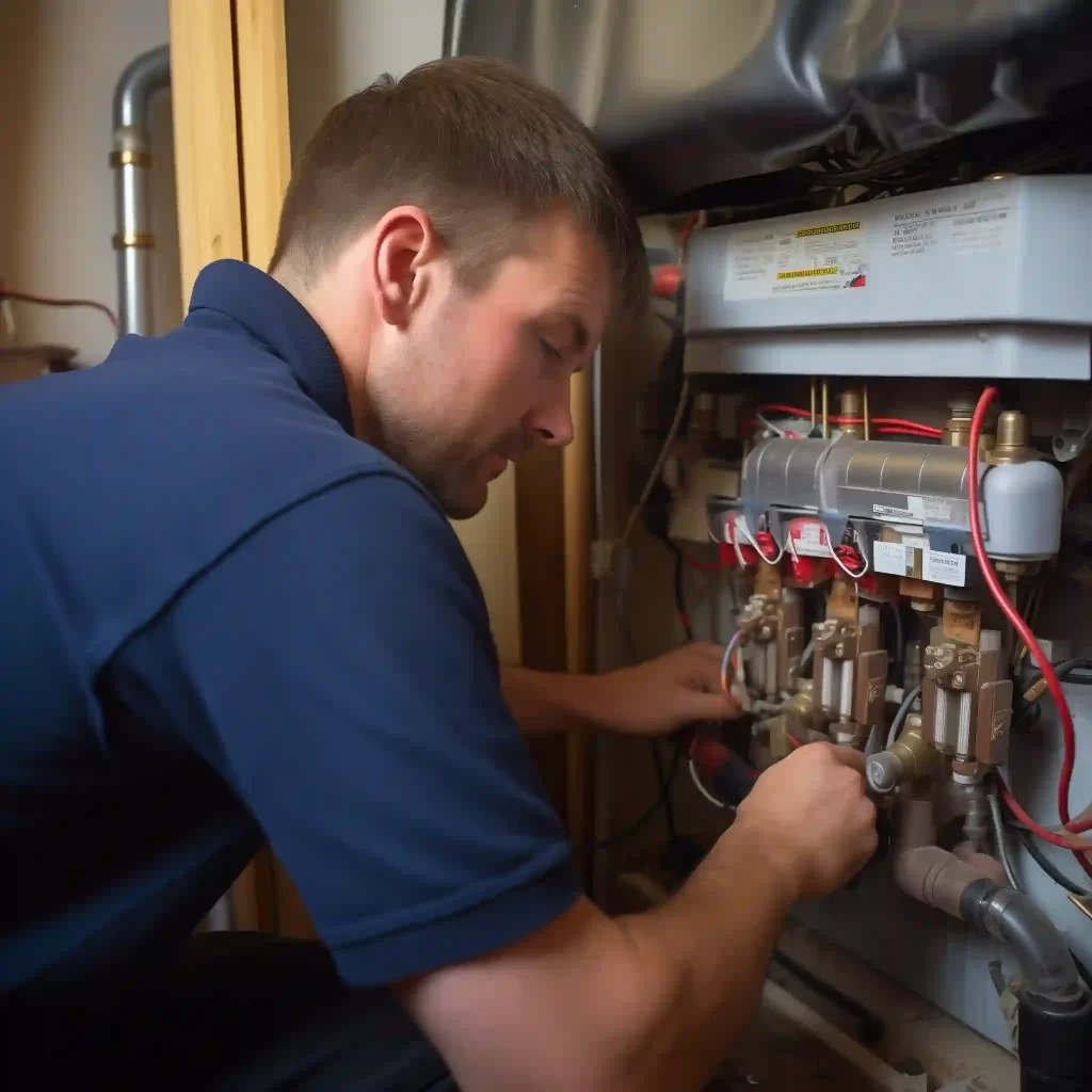 Image of a boiler engineer fixing a UK back boiler in a home. Detailed view of tools, pipework, and professional work attire in warm lighting.