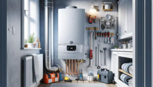 It depicts a modern combi boiler in a well-maintained utility room, emphasizing professionalism and safety