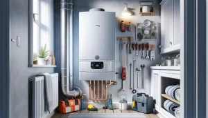 It depicts a modern combi boiler in a well-maintained utility room, emphasizing professionalism and safety