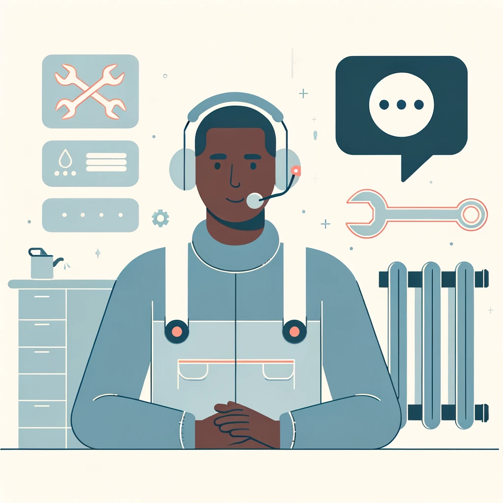 Customer support representative in plumbing and heating, with headset and uniform, at a desk with minimalistic plumbing symbols.