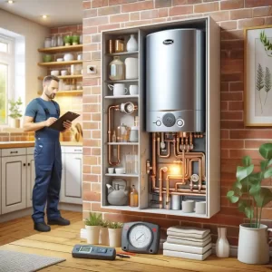Modern UK kitchen with an open boiler on the wall, showing internal components. A plumber in uniform is inspecting it with a diagnostic tool.