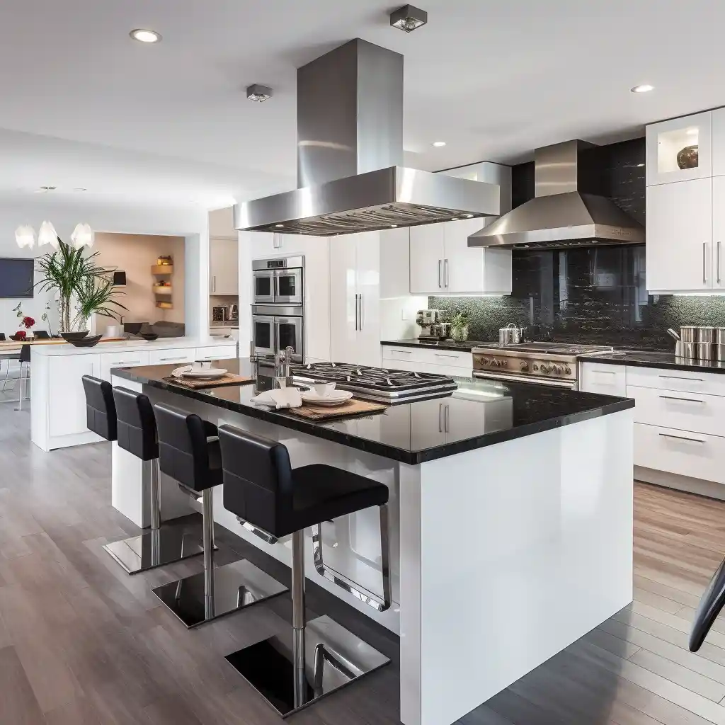 Modern kitchen with white cabinets, dark granite island, stainless steel appliances, pendant lights, and a cozy breakfast nook.