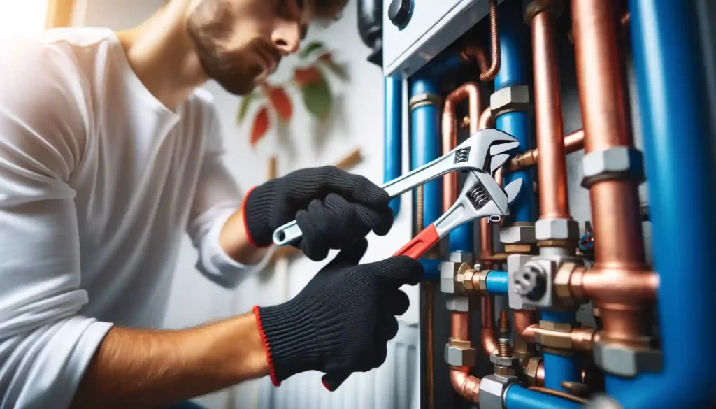 A close-up photo of a person in a white shirt and black gloves using a wrench on a boiler's red and blue pipes, focusing on the hands and tools