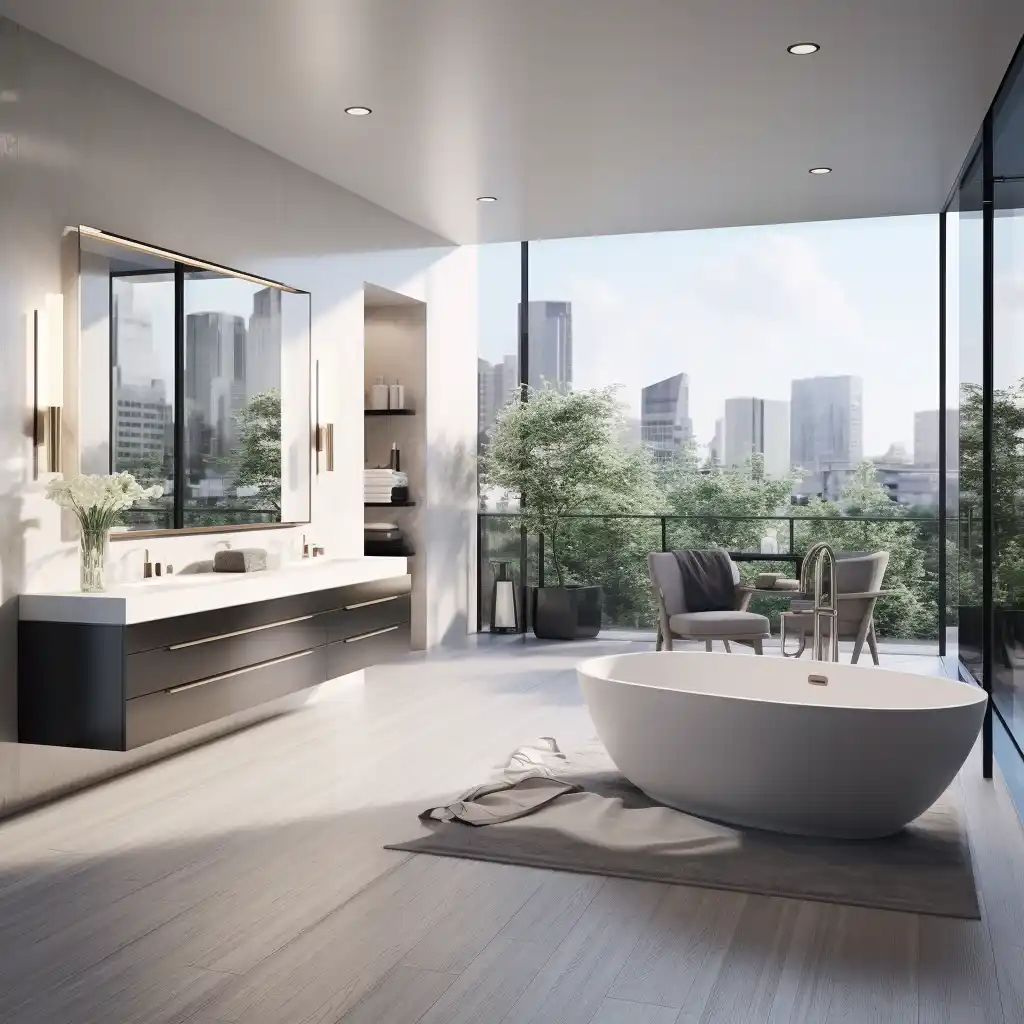 A modern, sleek bathroom with a freestanding tub, glass shower, dual sinks, and floor-to-ceiling windows."