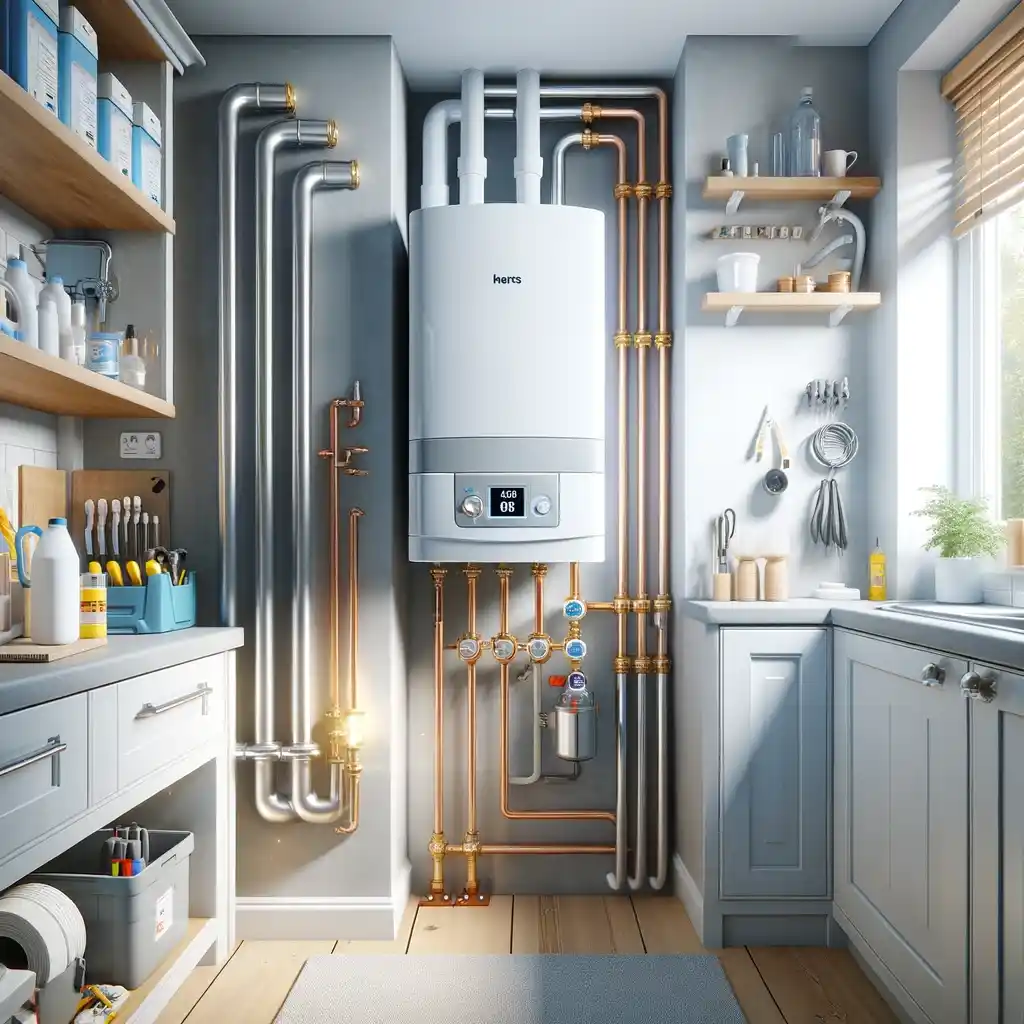 illustrates a modern, efficient combi boiler in a professional and well-organized setting