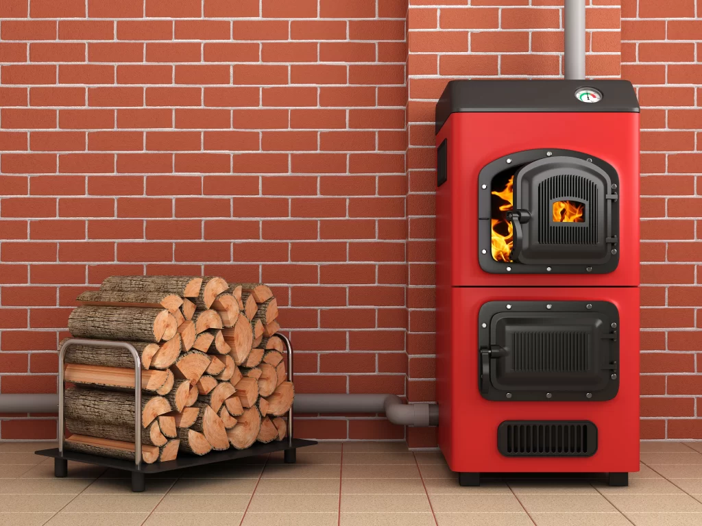 Red biomass boiler against a brick wall, with a stack of firewood nearby. Flames visible through the stove's window.