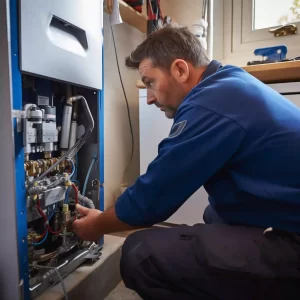 A technician in a blue uniform is repairing a boiler
