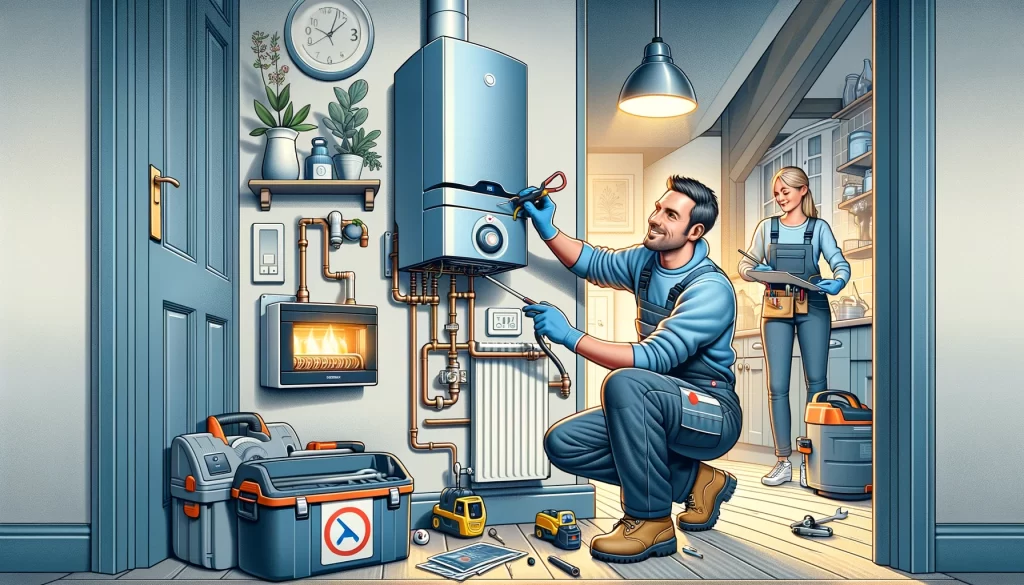 Illustration of a man in blue overalls Installing a new boiler in a flat