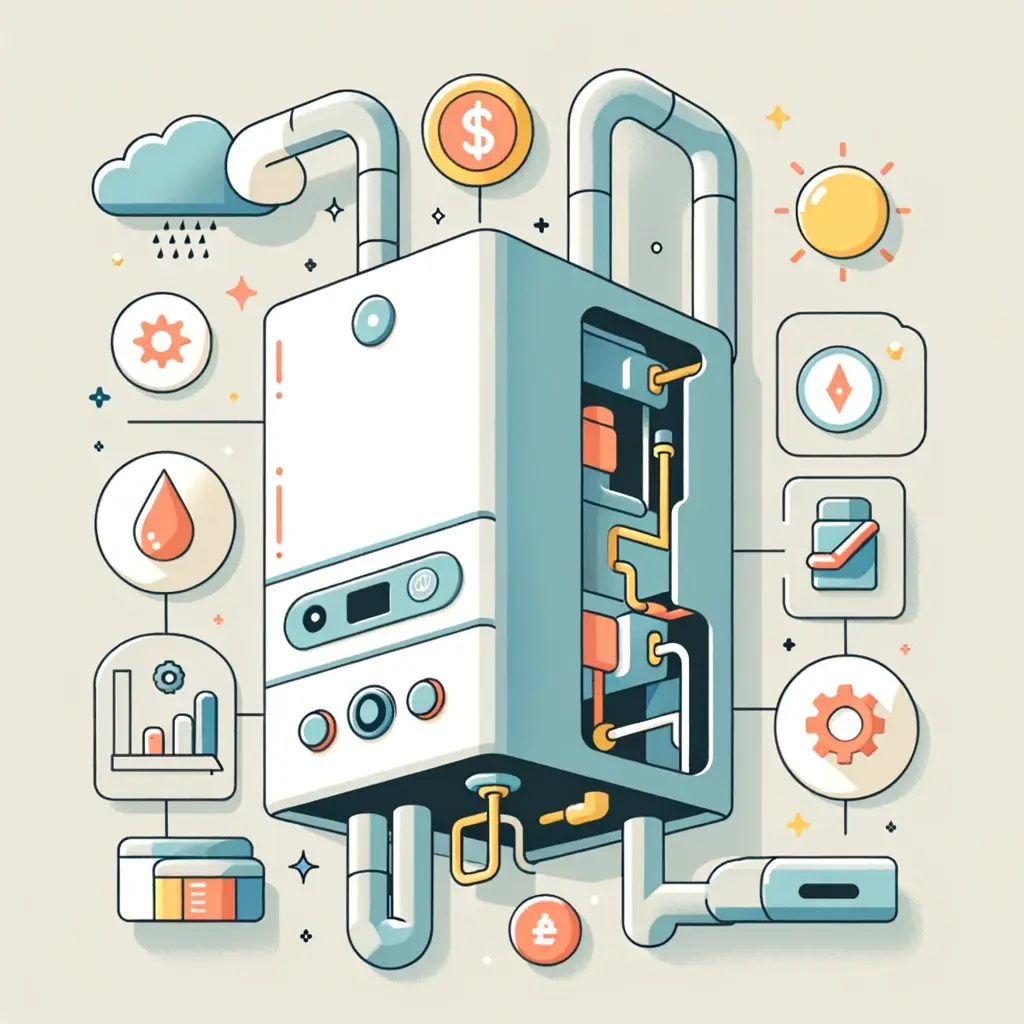 central, cartoon-style illustration of a boiler with key icons representing factors influencing repair costs.
