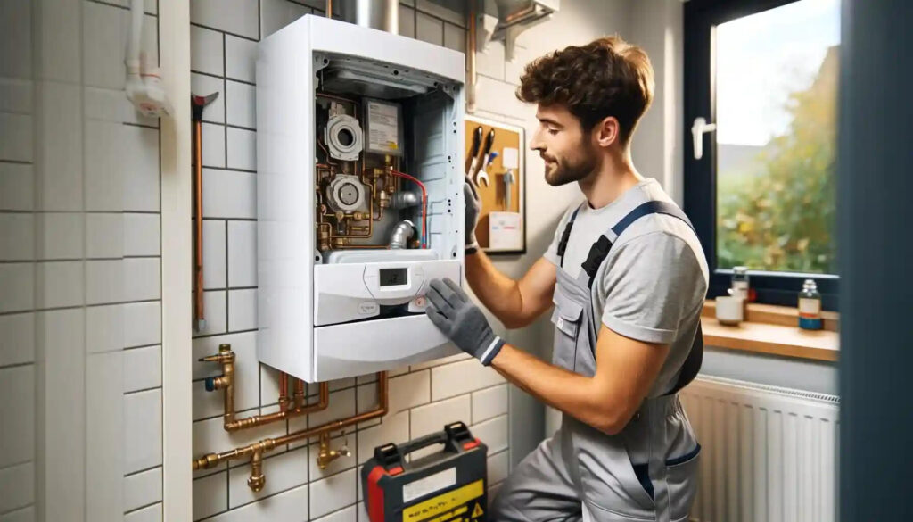 features a professional technician servicing a modern combi boiler in a typical British home utility room, with a focus on safety and thorough service