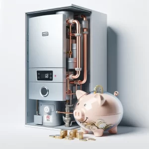 modern home boiler system and a transparent piggy bank with British Pound coins, representing the cost aspect of boiler repairs