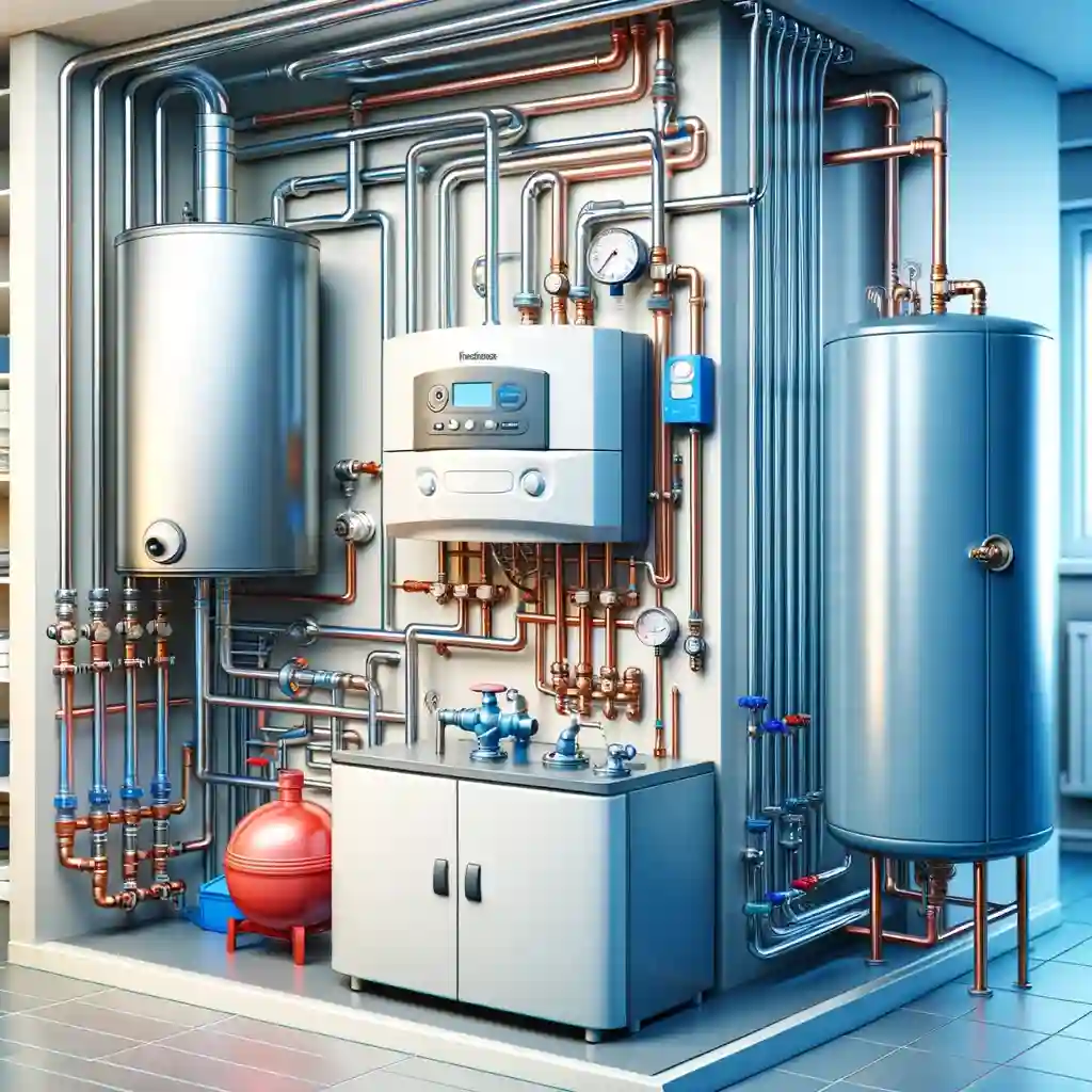 image of a domestic central heating system, showcasing the system boiler, a hot water cylinder, and an expansion vessel. 