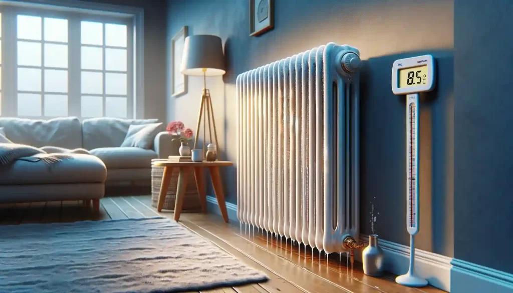 shows a typical UK living room with the central focus on a radiator that's visibly cold, possibly indicated by frost or condensation.
