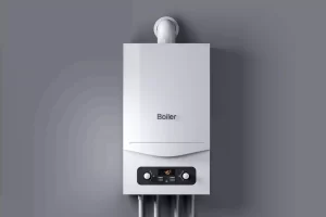 Modern combi boiler on a grey wall with digital temperature display