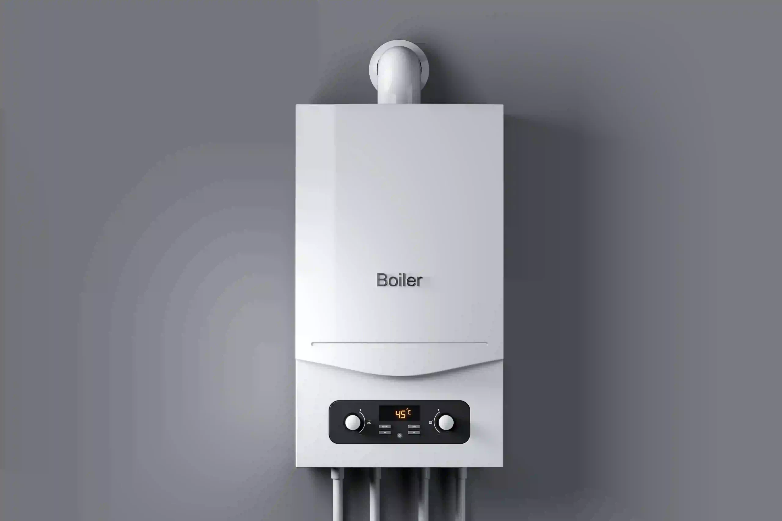 Modern combi boiler on a grey wall with digital temperature display