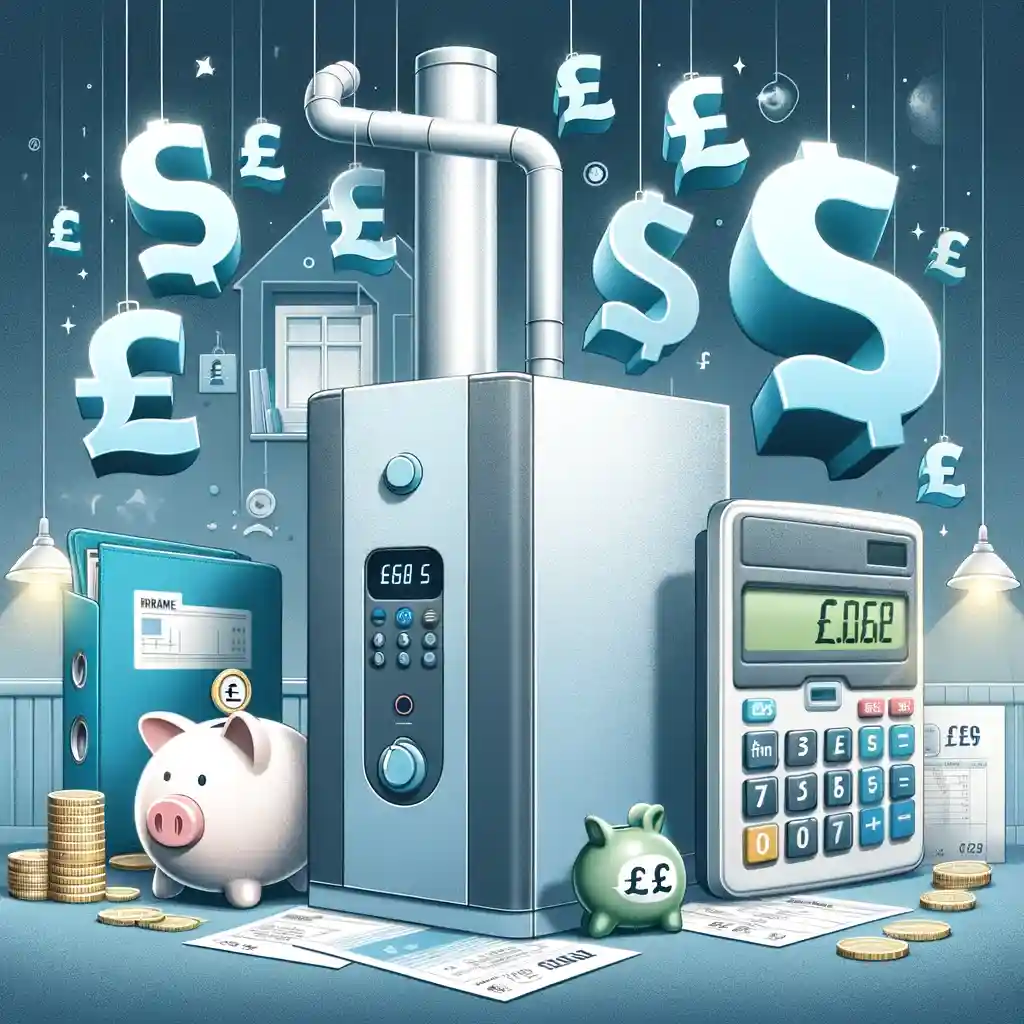 features a modern household boiler, surrounded by elements like a calculator, piggy bank, and invoices, all within a home setting. The pound signs are integrated to emphasize the financial aspect of boiler installation in a context where the pound is the relevant currency.