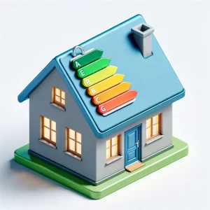 3D illustration of an isometric view of a simple grey house with a blue roof and windows. An energy efficiency rating label hangs on the roof with