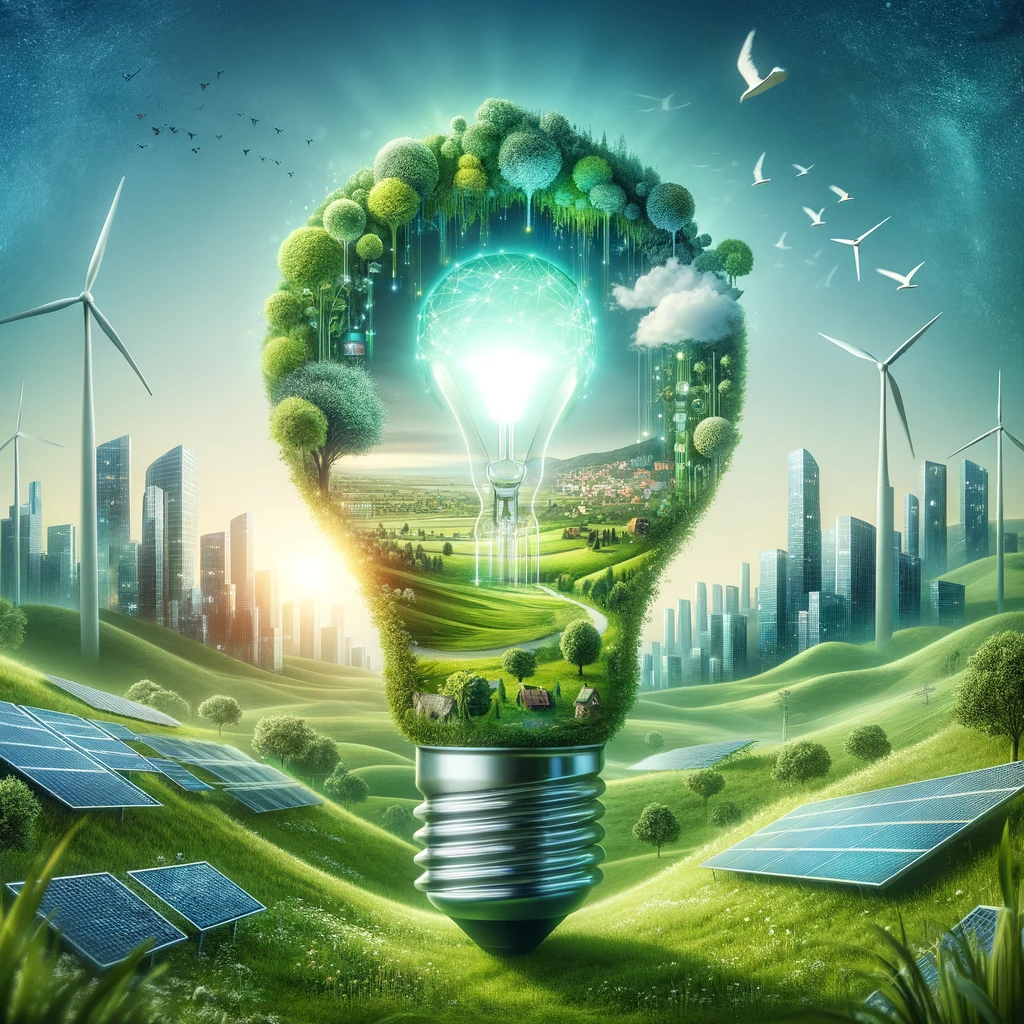 "Green landscape with futuristic city, solar panels, wind turbines, and a light bulb half-filled with greenery and LED light."