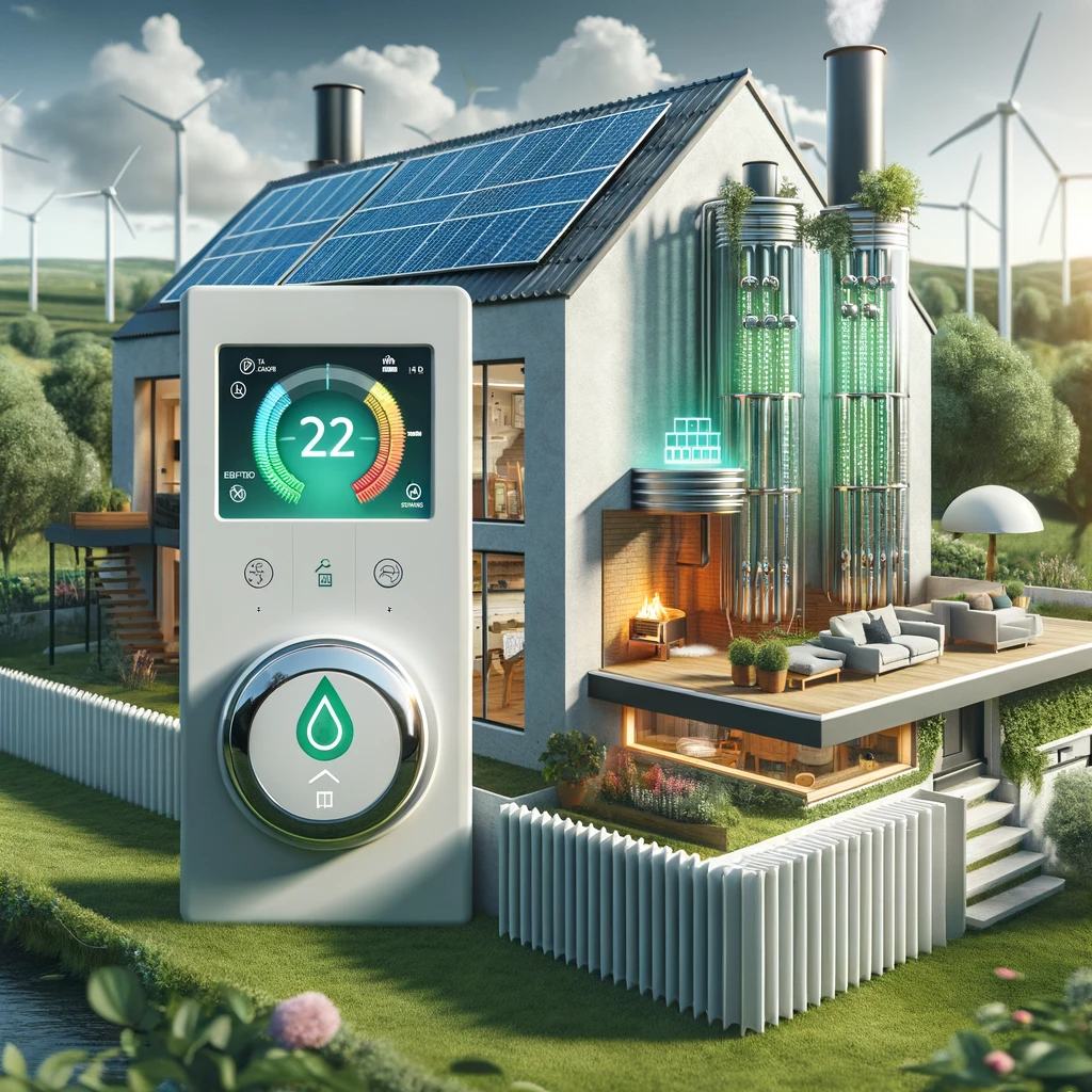 "Eco-friendly house with solar panels, efficient heating system, smart thermostat, and lush greenery, symbolizing sustainable energy efficiency."