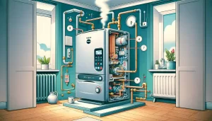 features a modern combi boiler with a partial cutaway view, showing its internal components