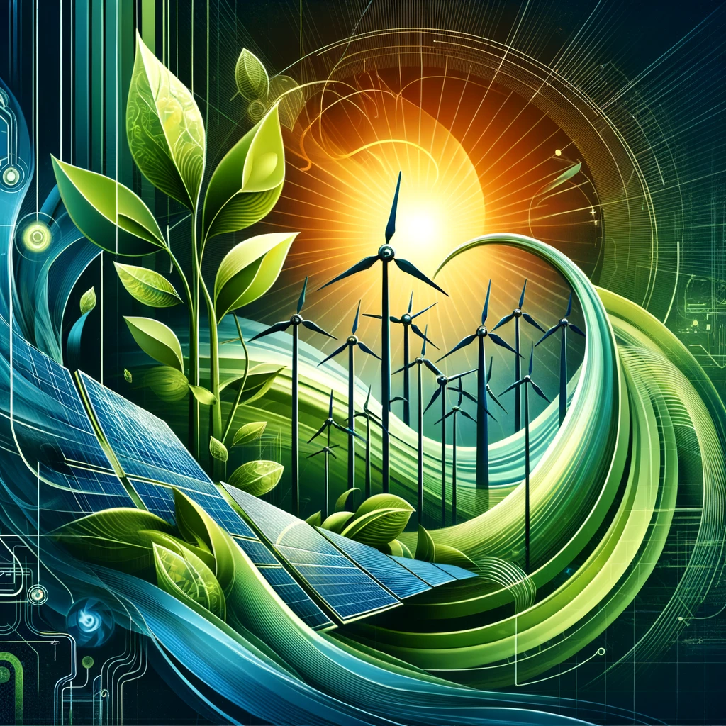 Abstract art symbolizing energy efficiency, with stylized green leaves, wind turbines, solar panels, and a gradient of blues and greens