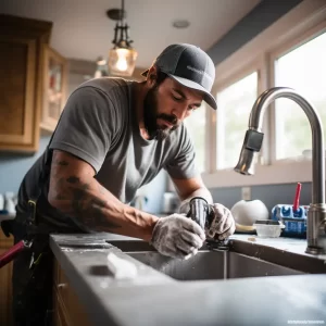 A plumber wearing gloves is installing a faucet in a kitchen sink
