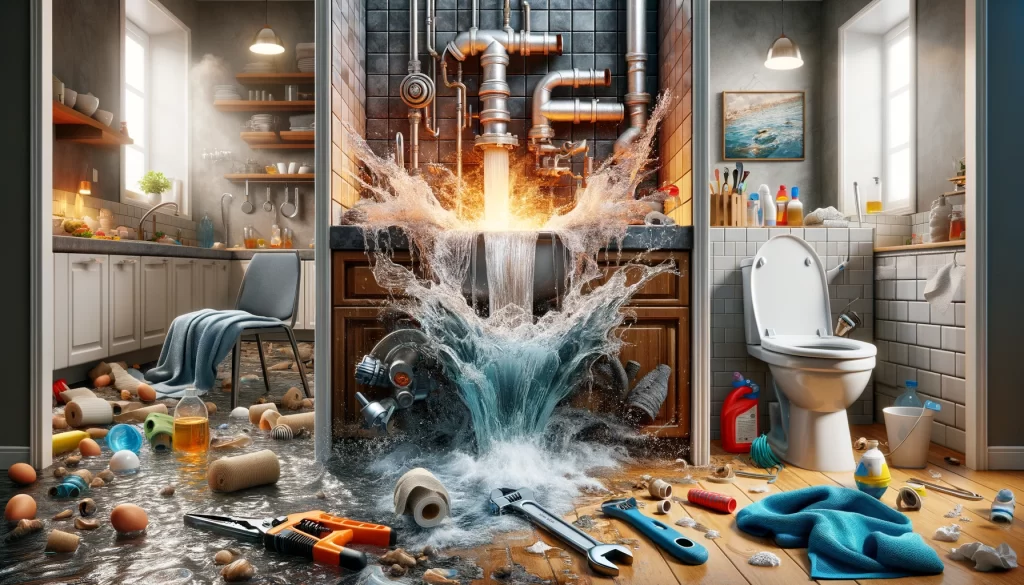 A photo-realistic collage of plumbing emergencies: burst pipe in a kitchen, clogged overflowing sink, and a toilet spilling water in a bathroom.