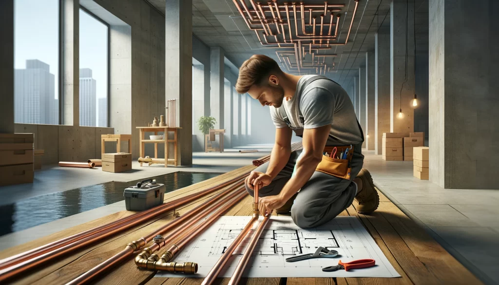Plumber kneeling and working on copper pipes beside blueprints in a spacious, sunlit construction site.