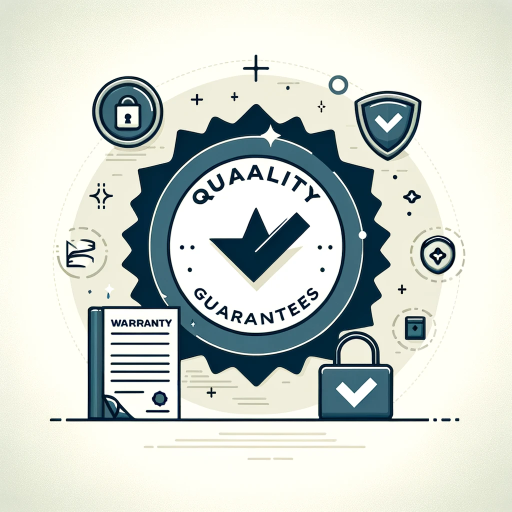 Minimalistic illustration of warranties and guarantees featuring a prominent quality badge, a product with warranty tag, a guarantee document, and subtle security symbols.