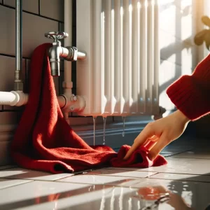 A hand using a red cloth to clean a spill on white tiled flooring beside a white radiator with metallic valves, sunlight streaming through a window.