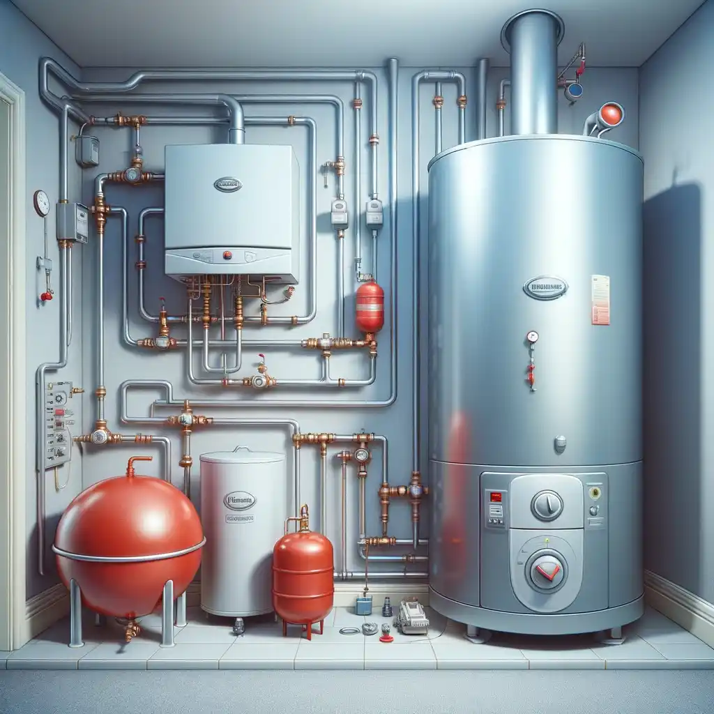 image of a home heating system, including a system boiler, cylinder, and expansion vessel as requested. You can see the detailed setup with the boiler, cylinder, and expansion vessel connected by pipes, set against the backdrop of a typical home utility room.