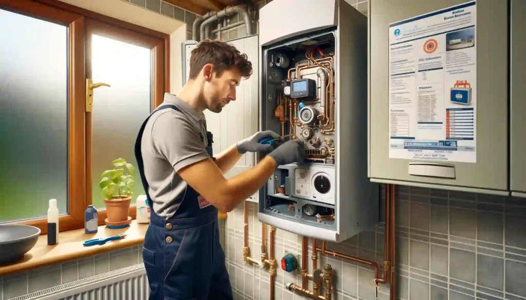 shows a technician in a uniform, working on a large system boiler in a well-organized British home utility room
