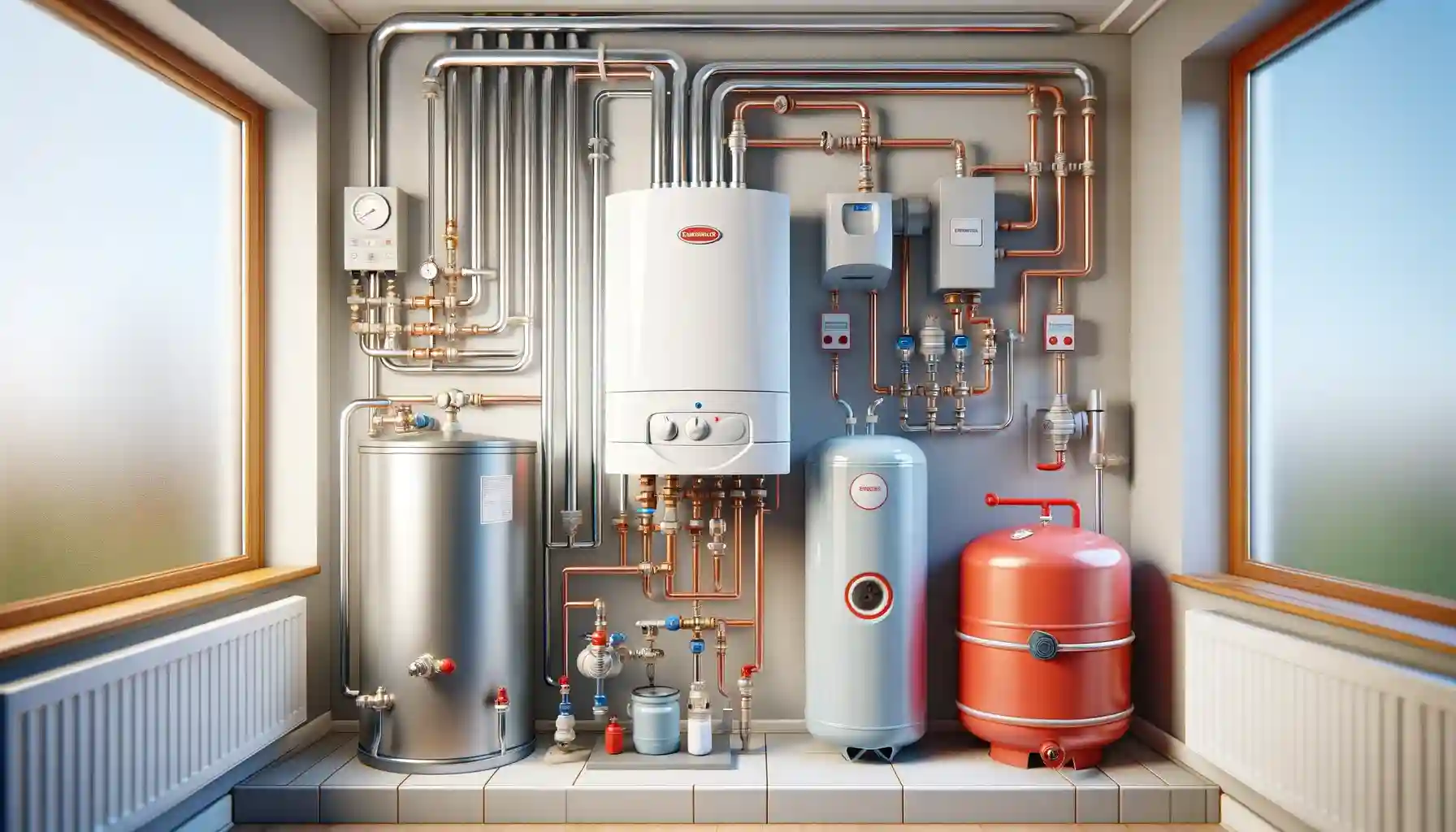 llustration of a home heating system, featuring a central system boiler, a hot water cylinder, and an expansion vessel, set in a utility room environment.