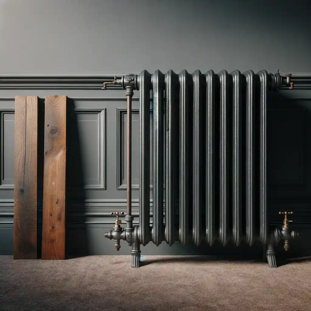 A traditional cast iron radiator in dark grey with valves, against a grey wall with wood panelling and a brown carpet.