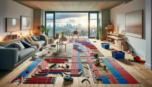 A London flat's living room under renovation, showing half-covered floor with underfloor heating pipes and tools scattered, with a backdrop of London's skyline