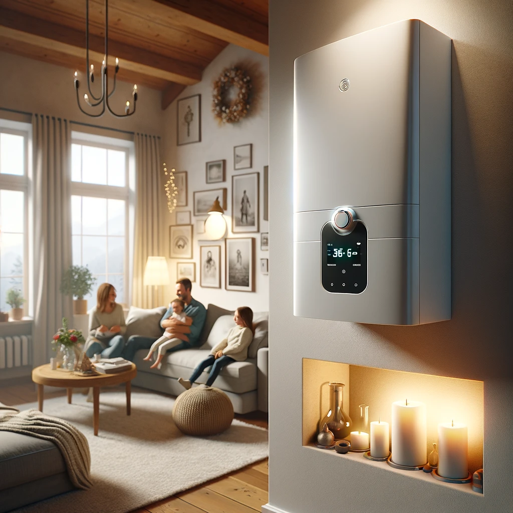 Image of a living room with a family sat on a sofa with a wall mounted boiler